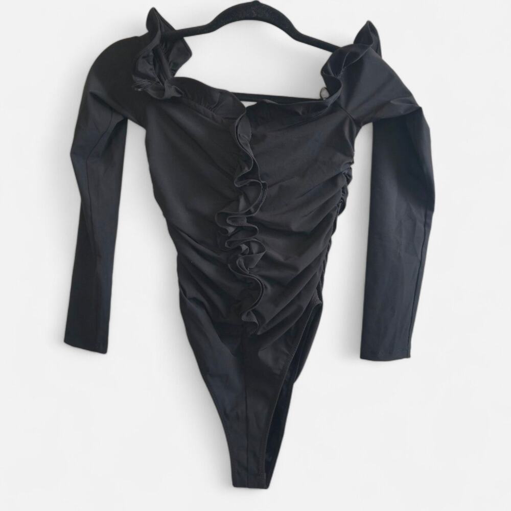 Zara NWT Black Long Sleeve Ruffled Off The Shoulder Bodysuit